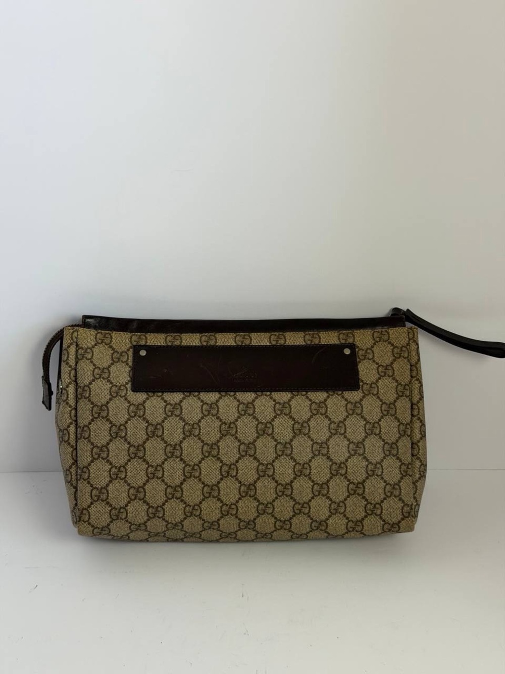Vintage Gucci GG Supreme Monogram Canvas Clutch with Brown Leather Trim